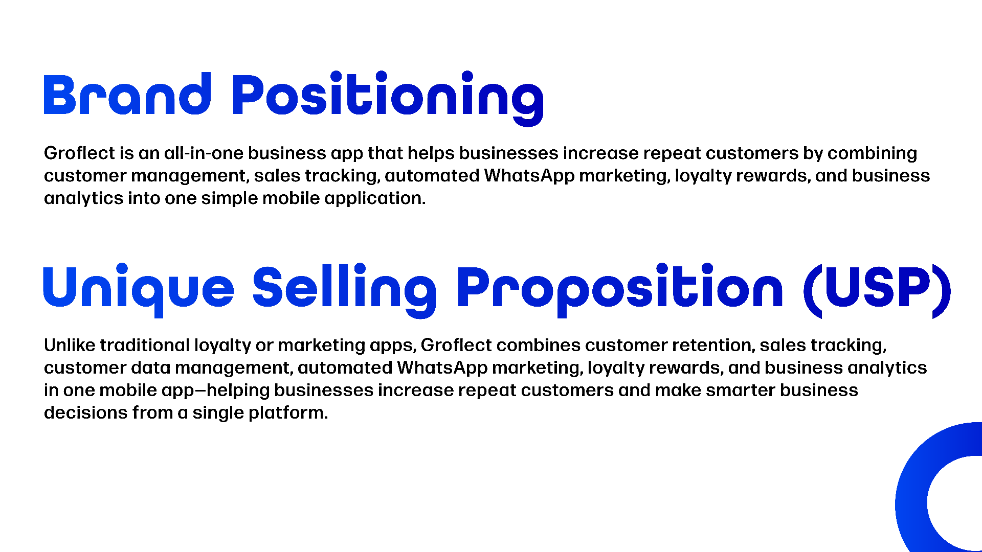 Groflect brand identity, UI UX and marketing collateral design for a business growth application