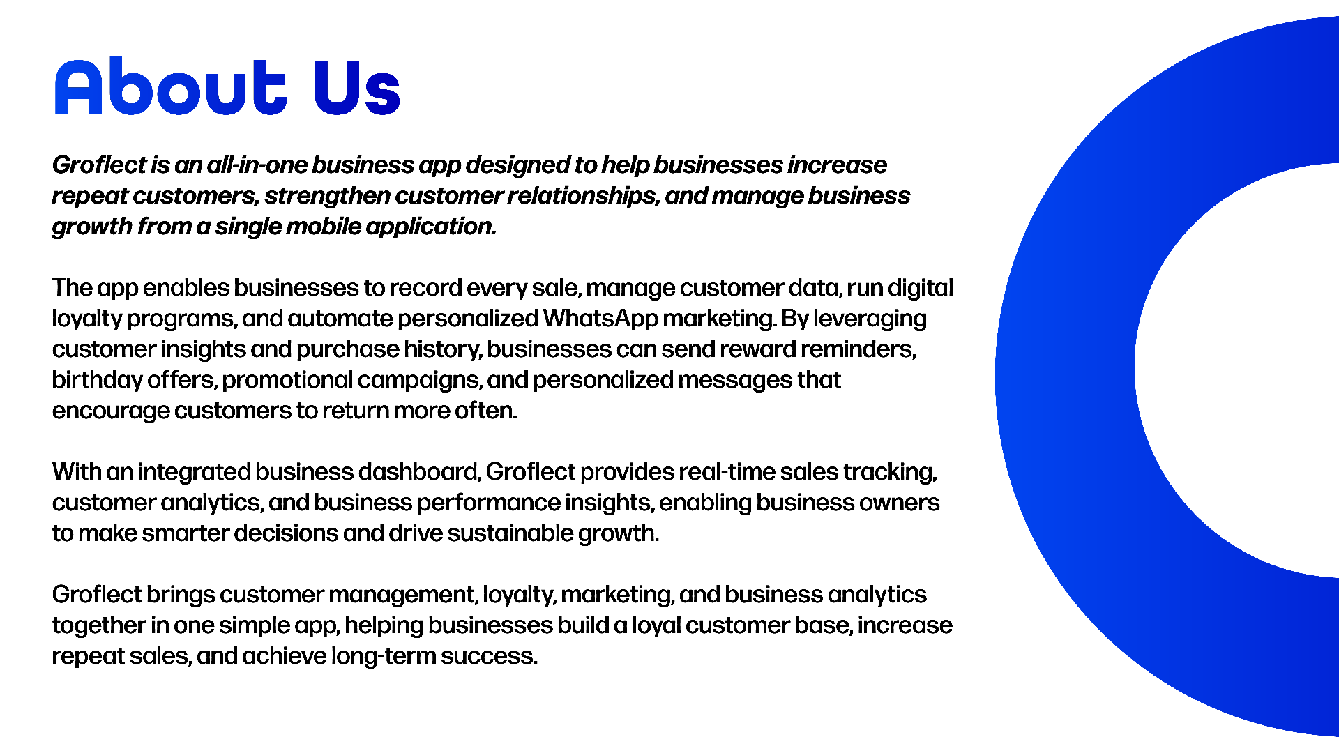 Groflect brand identity, UI UX and marketing collateral design for a business growth application