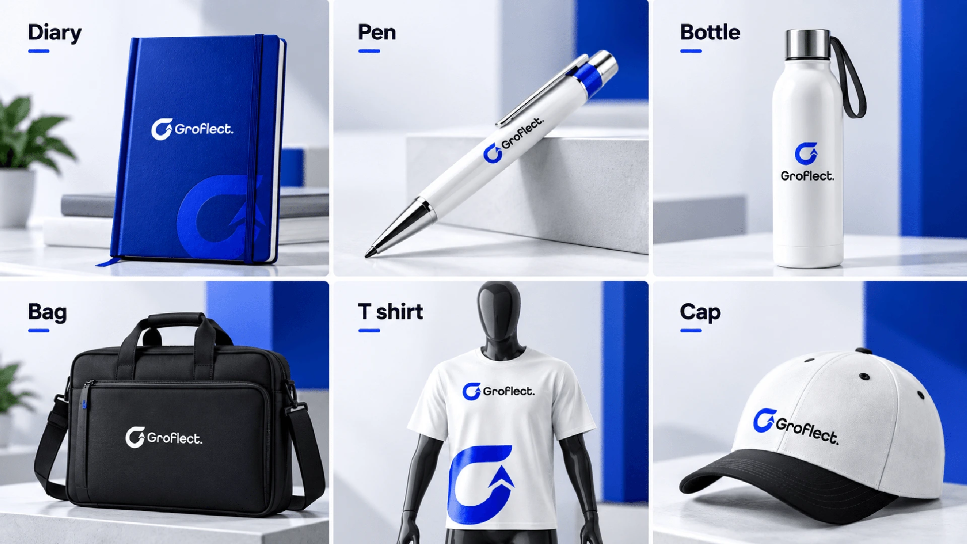 Groflect brand identity, UI UX and marketing collateral design for a business growth application