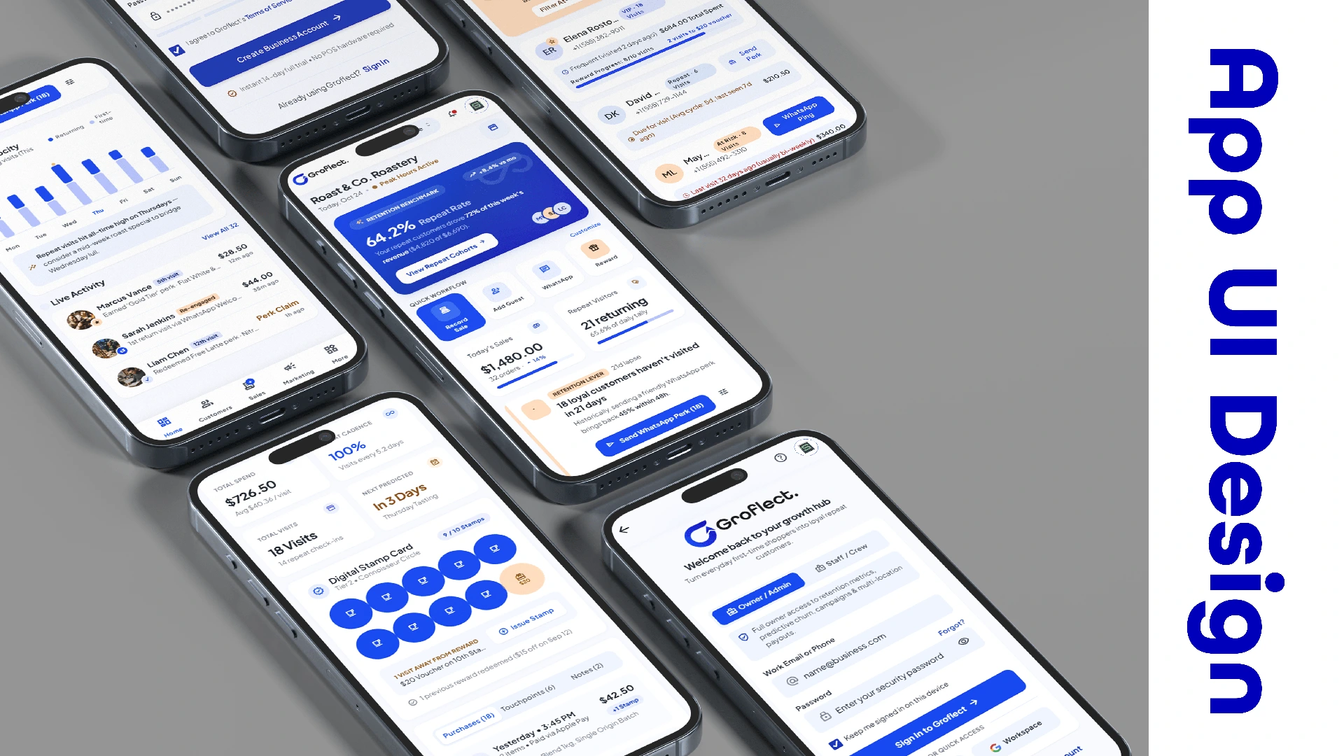 Groflect brand identity, UI UX and marketing collateral design for a business growth application