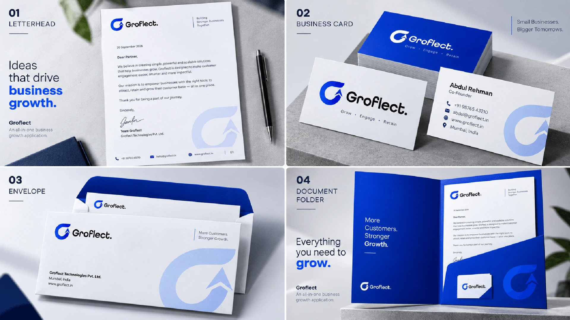 Groflect brand identity, UI UX and marketing collateral design for a business growth application